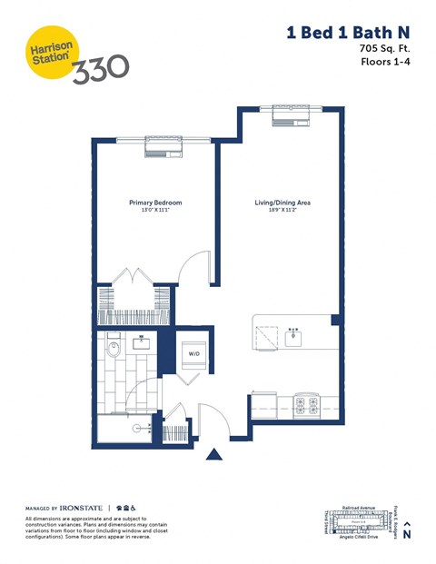 Floor plan for 1 bed, 1 bath, 705 sqft